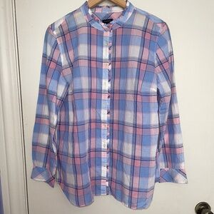 NWT Talbots Light Weight Blue and Pink Button Up Long Sleeve Top / Blouse Size L